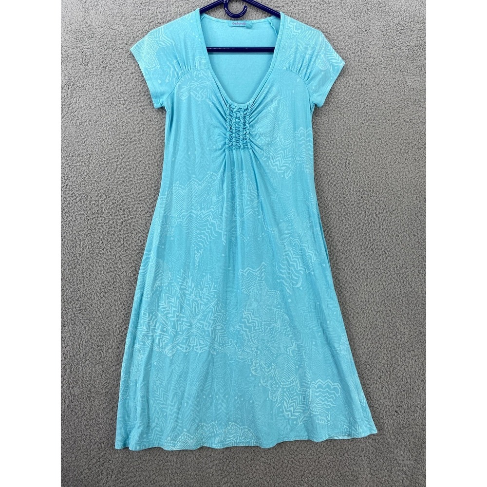 Fresh Produce Dress Womens XS Blue Ruched V Neck A Line Short Sleeve USA Made